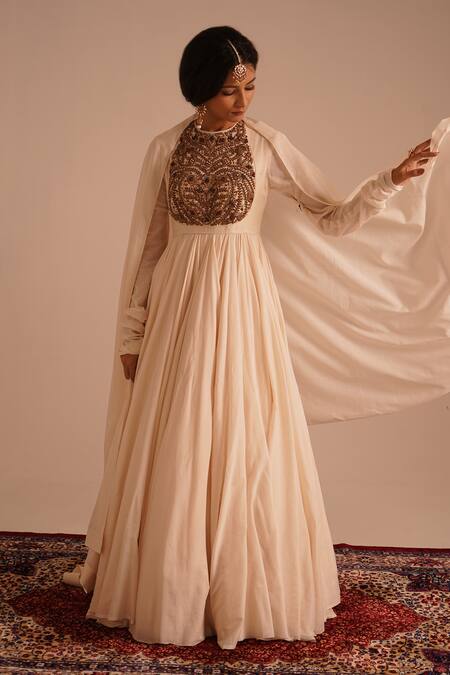 RICHA AHLUWALIA Ivory Chanderi , Cotton, Jewelry Yoke Hand Embroidered Anarkali Set Online at Aza Fashions RICHA AHLUWALIA_Ivory Chanderi , Cotton, Jewelry Yoke Hand Embroidered Anarkali Set _Online_at_Aza_Fashions