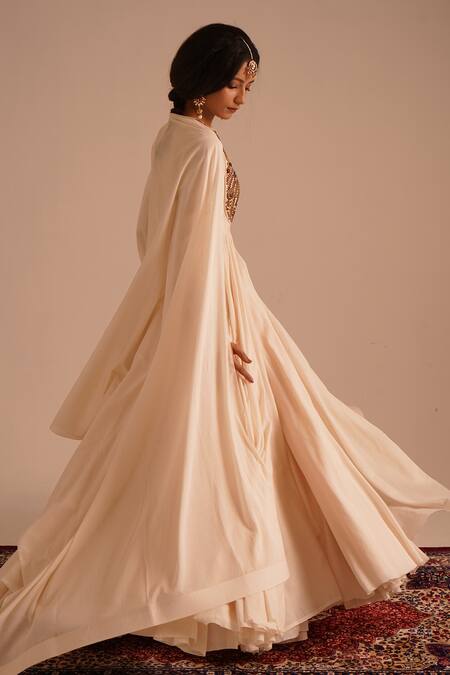 Shop RICHA AHLUWALIA Ivory Chanderi , Cotton, Jewelry Yoke Hand Embroidered Anarkali Set Online at Aza Fashions Shop_RICHA AHLUWALIA_Ivory Chanderi , Cotton, Jewelry Yoke Hand Embroidered Anarkali Set _Online_at_Aza_Fashions