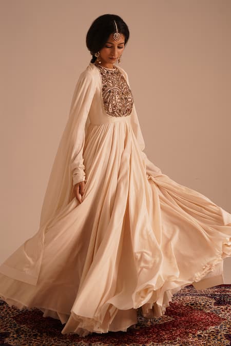 RICHA AHLUWALIA Ivory Chanderi , Cotton, Jewelry Yoke Hand Embroidered Anarkali Set at Aza Fashions RICHA AHLUWALIA_Ivory Chanderi , Cotton, Jewelry Yoke Hand Embroidered Anarkali Set _at_Aza_Fashions