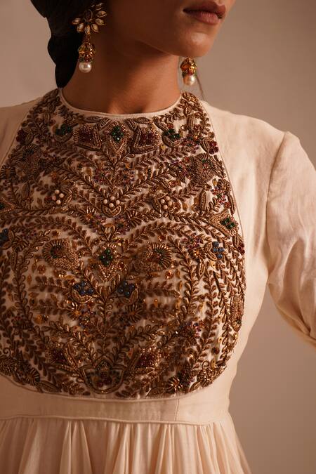 Buy RICHA AHLUWALIA Ivory Chanderi , Cotton, Jewelry Yoke Hand Embroidered Anarkali Set Buy_RICHA AHLUWALIA_Ivory Chanderi , Cotton, Jewelry Yoke Hand Embroidered Anarkali Set