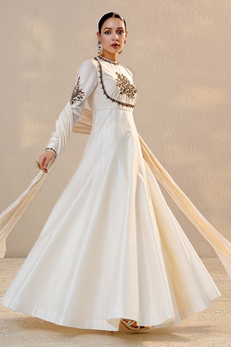 Shop RICHA AHLUWALIA Ivory Chanderi , Cotton, Beads, Jewelry Yoke Zardozi Anarkali Set at Aza Fashions Shop_RICHA AHLUWALIA_Ivory Chanderi , Cotton, Beads, Jewelry Yoke Zardozi Anarkali Set _at_Aza_Fashions