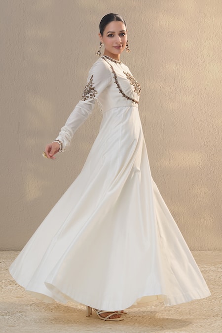 RICHA AHLUWALIA Ivory Chanderi , Cotton, Beads, Jewelry Yoke Zardozi Anarkali Set Online at Aza Fashions RICHA AHLUWALIA_Ivory Chanderi , Cotton, Beads, Jewelry Yoke Zardozi Anarkali Set _Online_at_Aza_Fashions