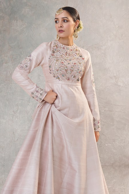 RICHA AHLUWALIA Pink Silk, Cotton, Chanderi Embroidery, Beads, Jewelry Yoke Hand Anarkali Set Online at Aza Fashions RICHA AHLUWALIA_Pink Silk, Cotton, Chanderi Embroidery, Beads, Jewelry Yoke Hand Anarkali Set _Online_at_Aza_Fashions