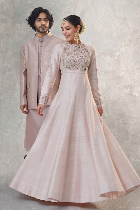 Shop RICHA AHLUWALIA Pink Silk, Cotton, Chanderi Embroidery, Beads, Jewelry Yoke Hand Anarkali Set at Aza Fashions Shop_RICHA AHLUWALIA_Pink Silk, Cotton, Chanderi Embroidery, Beads, Jewelry Yoke Hand Anarkali Set _at_Aza_Fashions