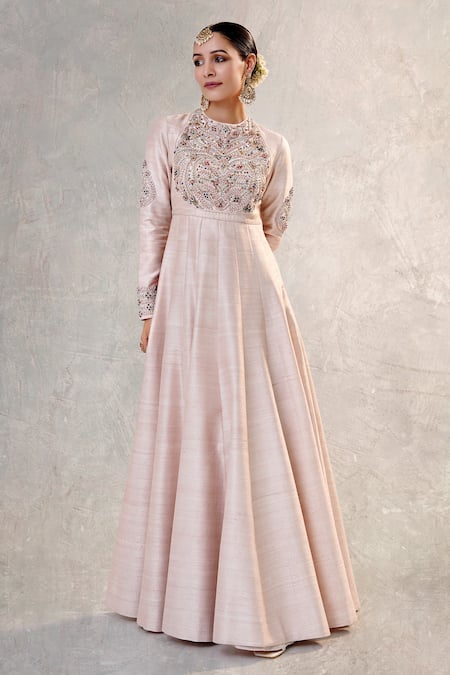 RICHA AHLUWALIA Pink Silk, Cotton, Chanderi Embroidery, Beads, Jewelry Yoke Hand Anarkali Set 