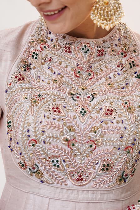 Buy RICHA AHLUWALIA Pink Silk, Cotton, Chanderi Embroidery, Beads, Jewelry Yoke Hand Anarkali Set Online at Aza Fashions Buy_RICHA AHLUWALIA_Pink Silk, Cotton, Chanderi Embroidery, Beads, Jewelry Yoke Hand Anarkali Set _Online_at_Aza_Fashions