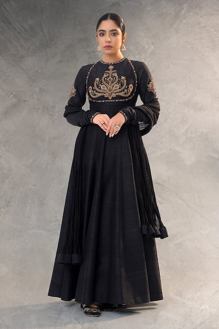 RICHA AHLUWALIA Black Silk, Cotton, Chanderi Embroidery, Beads, Jewelry Yoke Anarkali Set 