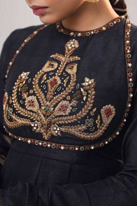 RICHA AHLUWALIA Black Silk, Cotton, Chanderi Embroidery, Beads, Jewelry Yoke Anarkali Set Online at Aza Fashions RICHA AHLUWALIA_Black Silk, Cotton, Chanderi Embroidery, Beads, Jewelry Yoke Anarkali Set _Online_at_Aza_Fashions