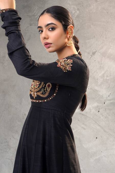 Buy RICHA AHLUWALIA Black Silk, Cotton, Chanderi Embroidery, Beads, Jewelry Yoke Anarkali Set Online at Aza Fashions Buy_RICHA AHLUWALIA_Black Silk, Cotton, Chanderi Embroidery, Beads, Jewelry Yoke Anarkali Set _Online_at_Aza_Fashions