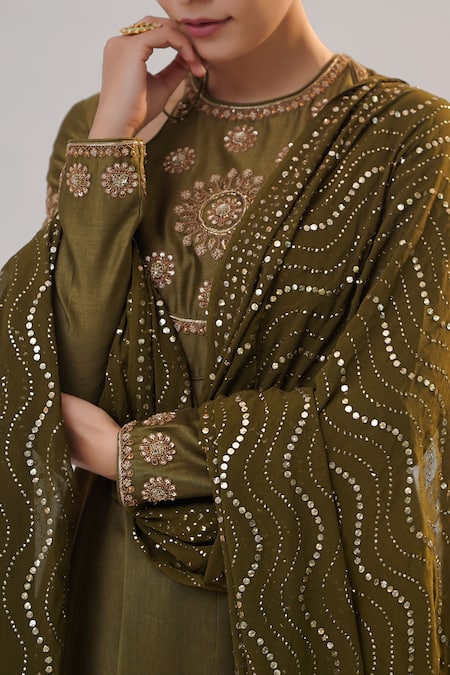 RICHA AHLUWALIA Olive Green Chanderi , Cotton, Angrakha Yoke Dabka And Dori Anarkali Set Online at Aza Fashions RICHA AHLUWALIA_Olive Green Chanderi , Cotton, Angrakha Yoke Dabka And Dori Anarkali Set _Online_at_Aza_Fashions