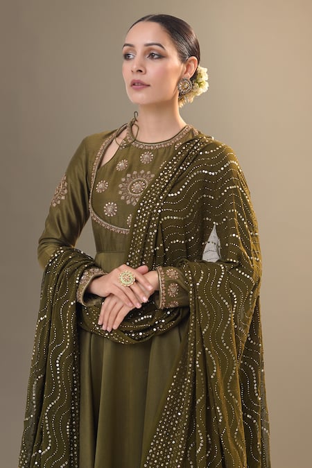 Buy RICHA AHLUWALIA Olive Green Chanderi , Cotton, Angrakha Yoke Dabka And Dori Anarkali Set Online at Aza Fashions Buy_RICHA AHLUWALIA_Olive Green Chanderi , Cotton, Angrakha Yoke Dabka And Dori Anarkali Set _Online_at_Aza_Fashions