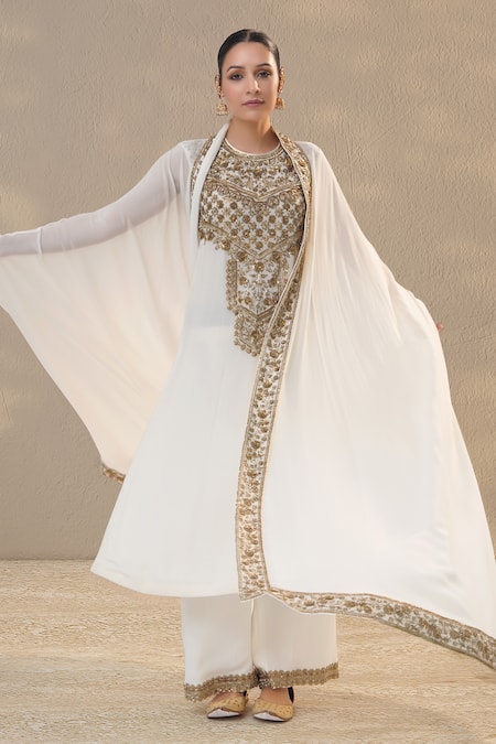 RICHA AHLUWALIA Sequins & Beads Embroidered Kurta Palazzo Set With Kaftan 