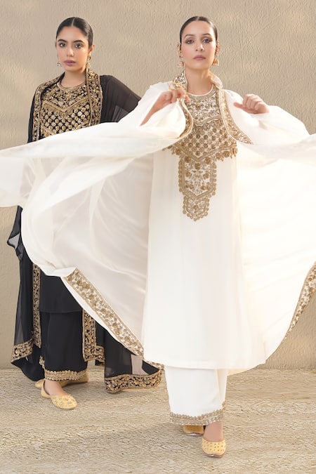 RICHA AHLUWALIA_Ivory Georgette Sequins, Beads, Embroidery, And Kurta Palazzo Set With Kaftan _Online_at_Aza_Fashions