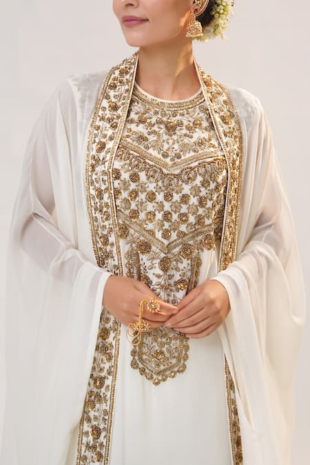 Buy_RICHA AHLUWALIA_Ivory Georgette Sequins, Beads, Embroidery, And Kurta Palazzo Set With Kaftan _Online_at_Aza_Fashions
