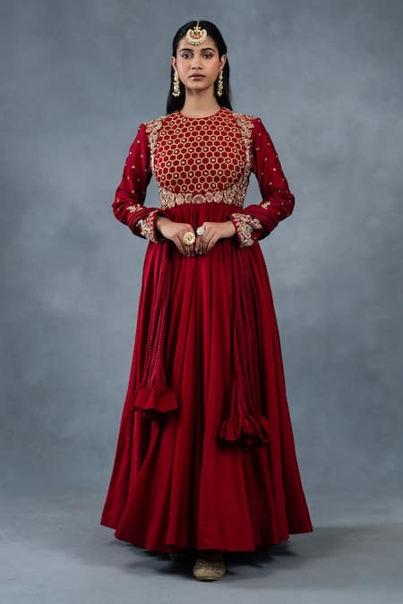 RICHA AHLUWALIA Red , Cotton, Silk, Zardozi Hand Anarkali, Churidar And Dupatta 