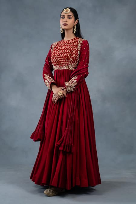 RICHA AHLUWALIA_Red , Cotton, Silk, Zardozi Hand Anarkali, Churidar And Dupatta _Online_at_Aza_Fashions