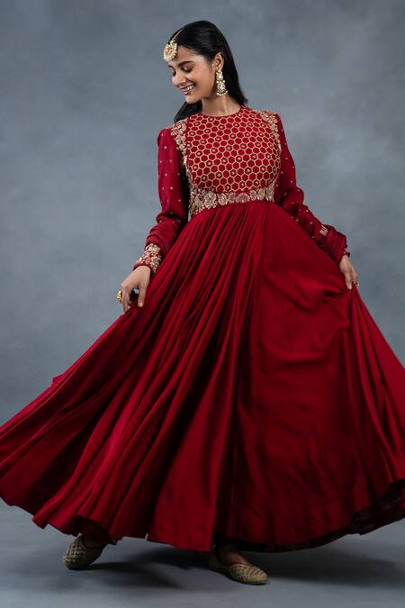 Buy_RICHA AHLUWALIA_Red , Cotton, Silk, Zardozi Hand Anarkali, Churidar And Dupatta _Online_at_Aza_Fashions
