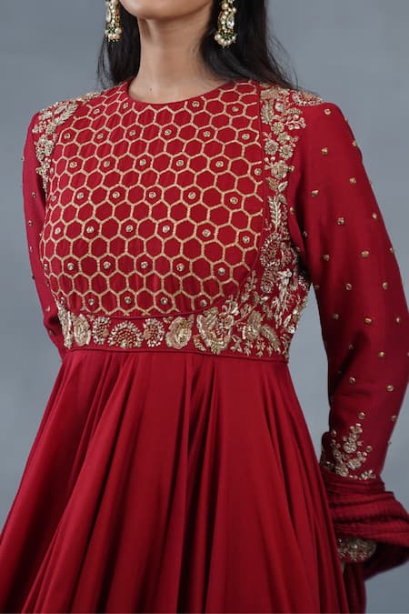 Shop_RICHA AHLUWALIA_Red , Cotton, Silk, Zardozi Hand Anarkali, Churidar And Dupatta _Online_at_Aza_Fashions