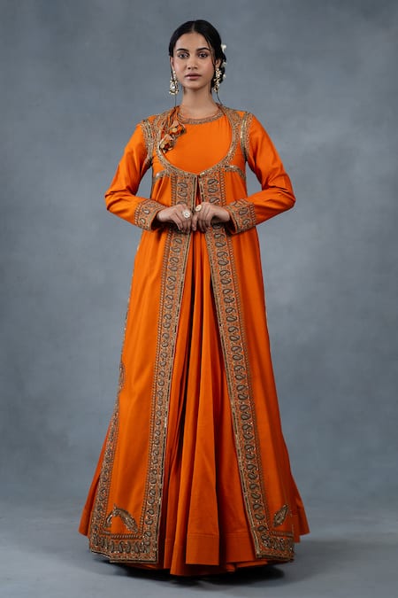 RICHA AHLUWALIA_Orange Chanderi Silk, Chanderi, Cotton Embroidery, Zardozi Anarkali Jacket Set _Online_at_Aza_Fashions