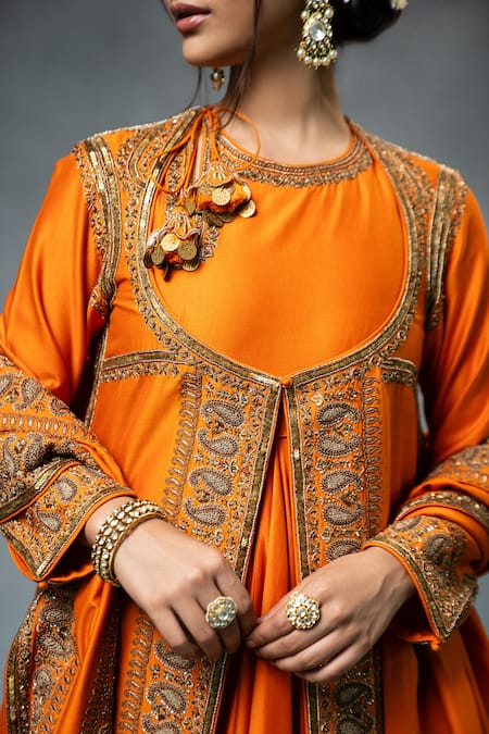 Shop_RICHA AHLUWALIA_Orange Chanderi Silk, Chanderi, Cotton Embroidery, Zardozi Anarkali Jacket Set _Online_at_Aza_Fashions