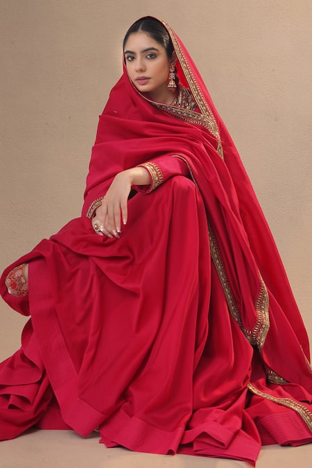 RICHA AHLUWALIA_Red Chanderi Silk, Chanderi, Cotton Satin Zardozi Jacket Anarkali Set _Online_at_Aza_Fashions