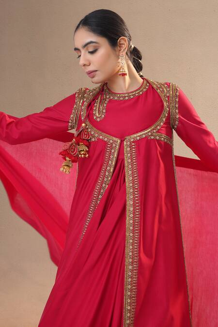 Buy_RICHA AHLUWALIA_Red Chanderi Silk, Chanderi, Cotton Satin Zardozi Jacket Anarkali Set _Online_at_Aza_Fashions