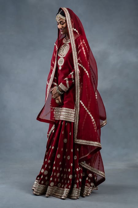 Buy_RICHA AHLUWALIA_Red Chanderi, Silk Organza Gota Patti, Sequins, Zari, Zardozi Buti Sharara Set _Online_at_Aza_Fashions