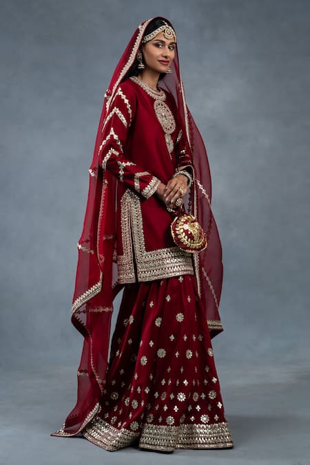 Shop_RICHA AHLUWALIA_Red Chanderi, Silk Organza Gota Patti, Sequins, Zari, Zardozi Buti Sharara Set _Online_at_Aza_Fashions