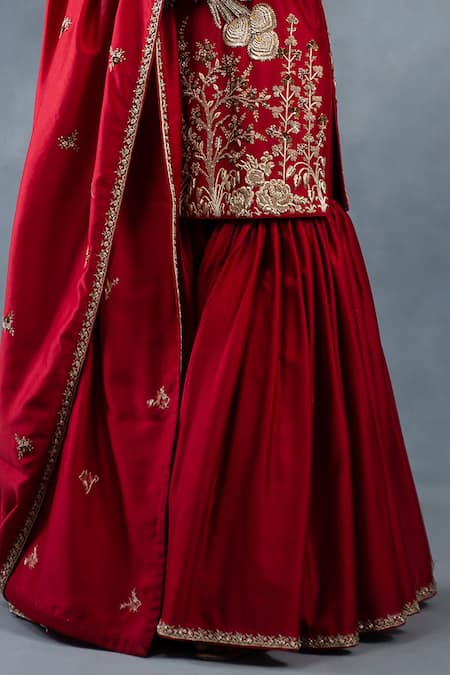RICHA AHLUWALIA Red Chanderi Embroidery, Zari V-neck Thread And Zardozi Sharara Set at Aza Fashions RICHA AHLUWALIA_Red Chanderi Embroidery, Zari V-neck Thread And Zardozi Sharara Set _at_Aza_Fashions