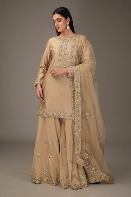 RICHA AHLUWALIA Beige Silk, Organza, Embroidery, Sequins, Lace Sharara Set 