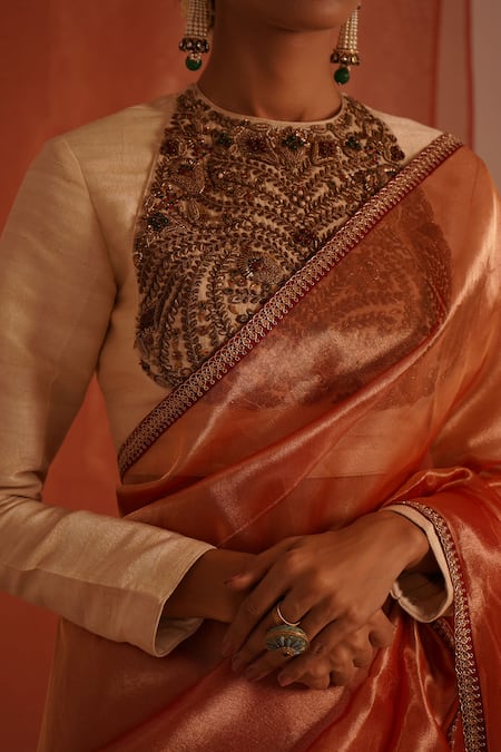 RICHA AHLUWALIA_Gold Tissue, Silk, Velvet Zari, Pure Saree With Zardozi Border And Blouse _Online_at_Aza_Fashions