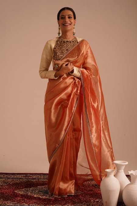 RICHA AHLUWALIA Pure Tissue Saree With Zardozi Border & Blouse 