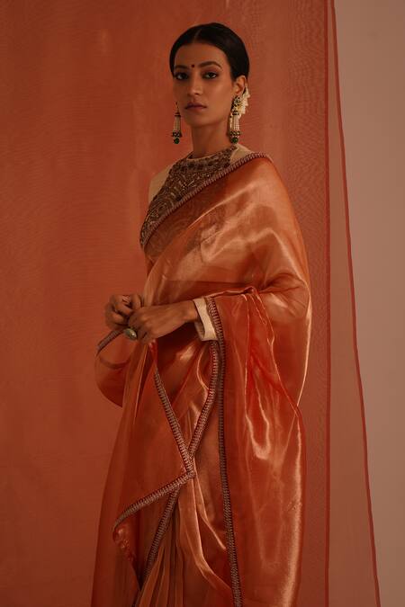 Buy_RICHA AHLUWALIA_Gold Tissue, Silk, Velvet Zari, Pure Saree With Zardozi Border And Blouse _Online_at_Aza_Fashions