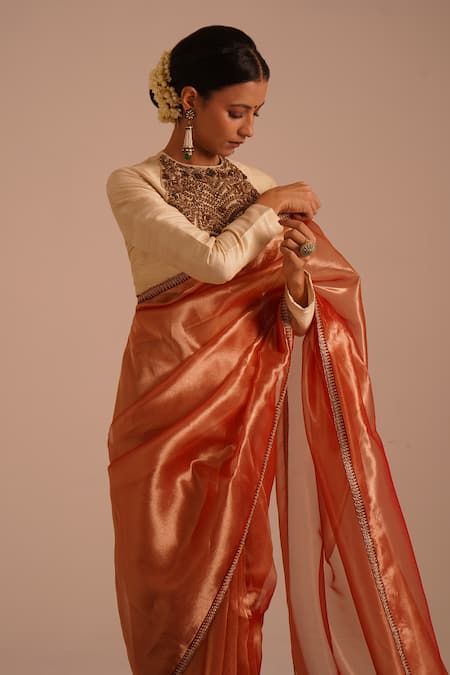 Shop_RICHA AHLUWALIA_Gold Tissue, Silk, Velvet Zari, Pure Saree With Zardozi Border And Blouse _Online_at_Aza_Fashions
