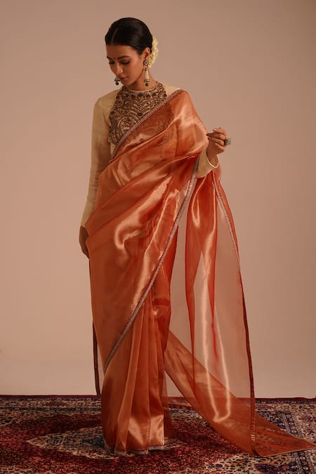 Shop_RICHA AHLUWALIA_Gold Tissue, Silk, Velvet Zari, Pure Saree With Zardozi Border And Blouse 