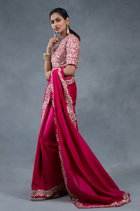 Buy_RICHA AHLUWALIA_Pink Chanderi Embroidery, Sequins, Zari Dabka And Pitta Work Saree With Blouse _Online_at_Aza_Fashions