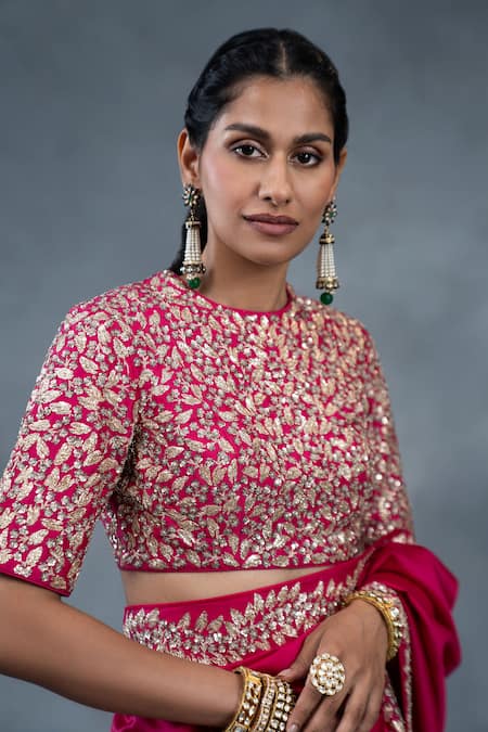Shop_RICHA AHLUWALIA_Pink Chanderi Embroidery, Sequins, Zari Dabka And Pitta Work Saree With Blouse _Online_at_Aza_Fashions