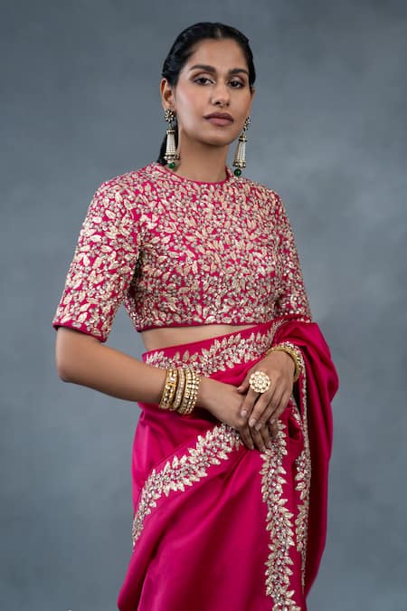 RICHA AHLUWALIA_Pink Chanderi Embroidery, Sequins, Zari Dabka And Pitta Work Saree With Blouse _at_Aza_Fashions