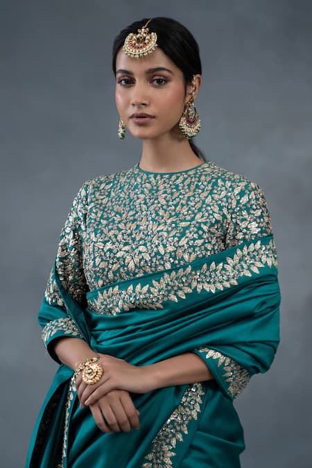 RICHA AHLUWALIA_Teal Chanderi Embroidery, Metallic Thread, Saree With Dabka And Pitta Work Blouse _Online_at_Aza_Fashions