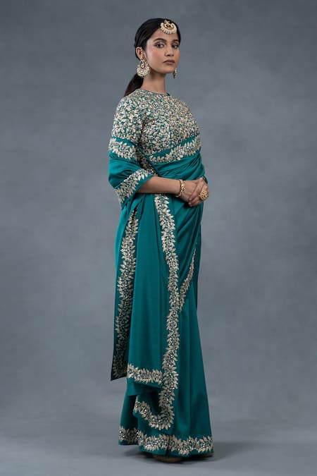 Shop_RICHA AHLUWALIA_Teal Chanderi Embroidery, Metallic Thread, Saree With Dabka And Pitta Work Blouse _Online_at_Aza_Fashions