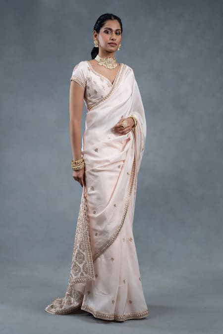 RICHA AHLUWALIA_Blush Silk Gota Patti, Zari, Embroidery V-neck And Zardozi Saree With Blouse _Online_at_Aza_Fashions