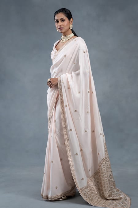Buy_RICHA AHLUWALIA_Blush Silk Gota Patti, Zari, Embroidery V-neck And Zardozi Saree With Blouse _Online_at_Aza_Fashions