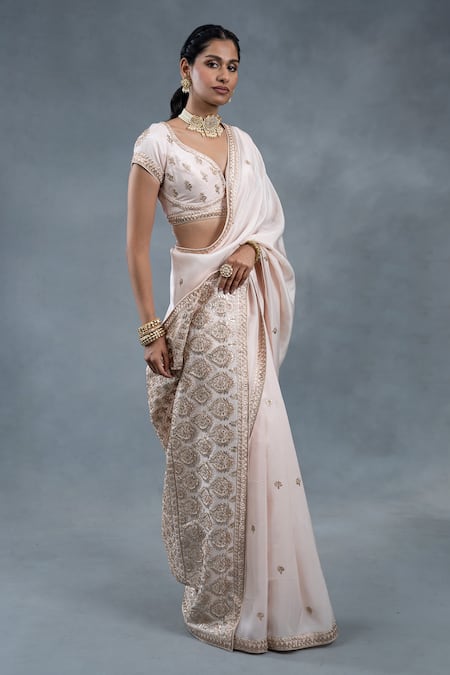 Shop_RICHA AHLUWALIA_Blush Silk Gota Patti, Zari, Embroidery V-neck And Zardozi Saree With Blouse _Online_at_Aza_Fashions