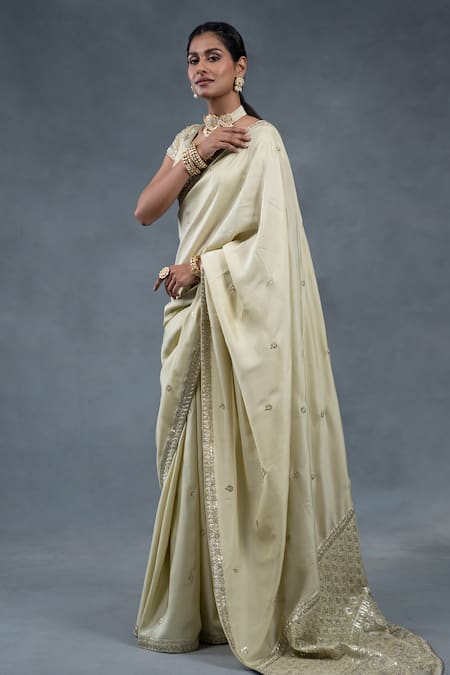 RICHA AHLUWALIA_Green Silk Gota Patti, Zari, Metallic Thread, Embroidery Hand Saree And Blouse _Online_at_Aza_Fashions