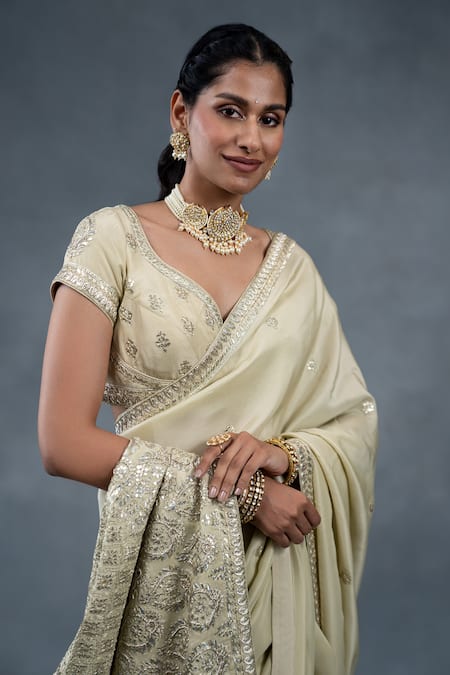 Buy_RICHA AHLUWALIA_Green Silk Gota Patti, Zari, Metallic Thread, Embroidery Hand Saree And Blouse _Online_at_Aza_Fashions