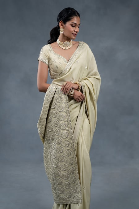 Shop_RICHA AHLUWALIA_Green Silk Gota Patti, Zari, Metallic Thread, Embroidery Hand Saree And Blouse _Online_at_Aza_Fashions
