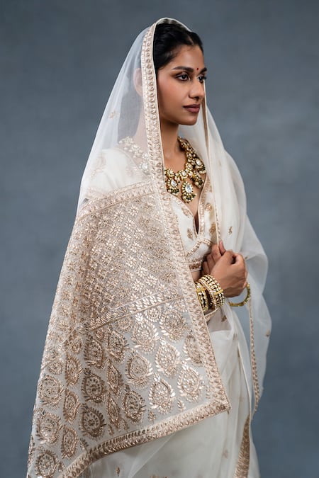 RICHA AHLUWALIA_Ivory Silk , Gota Patti, Zari, Hand Embroidered Saree And Blouse _Online_at_Aza_Fashions