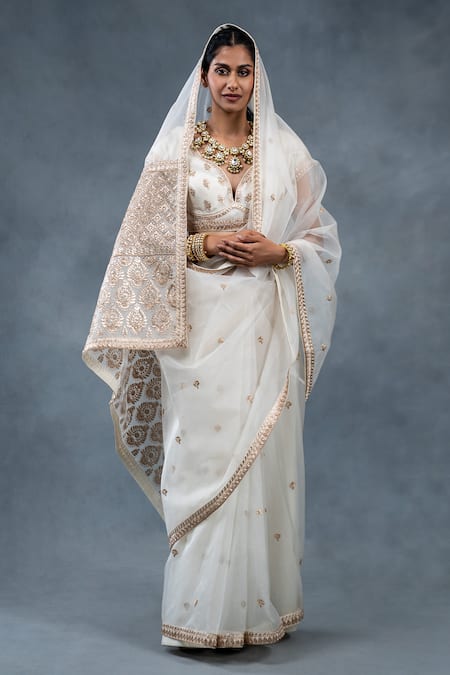 Buy_RICHA AHLUWALIA_Ivory Silk , Gota Patti, Zari, Hand Embroidered Saree And Blouse _Online_at_Aza_Fashions