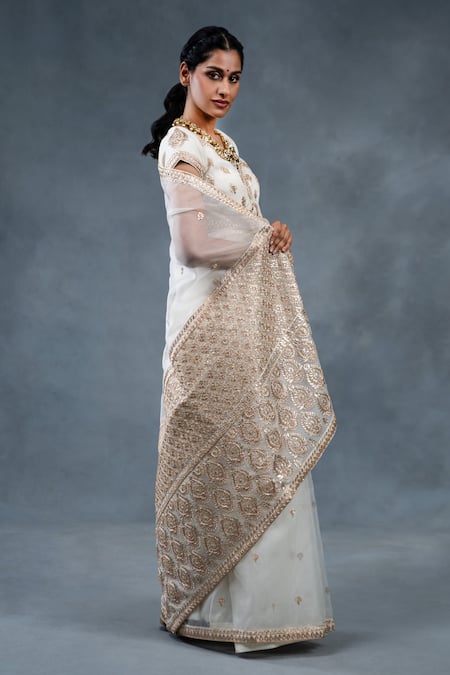 Shop_RICHA AHLUWALIA_Ivory Silk , Gota Patti, Zari, Hand Embroidered Saree And Blouse _Online_at_Aza_Fashions