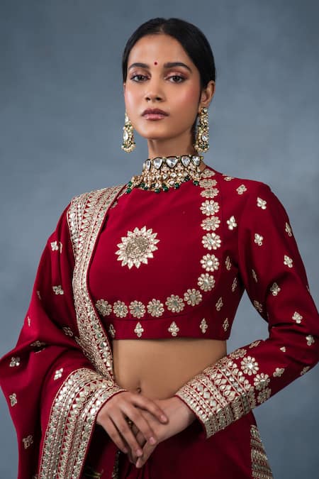 Buy_RICHA AHLUWALIA_Red Chanderi Gota Patti, Embroidery, Mirrors High Neck Hand Saree And Blouse _Online_at_Aza_Fashions